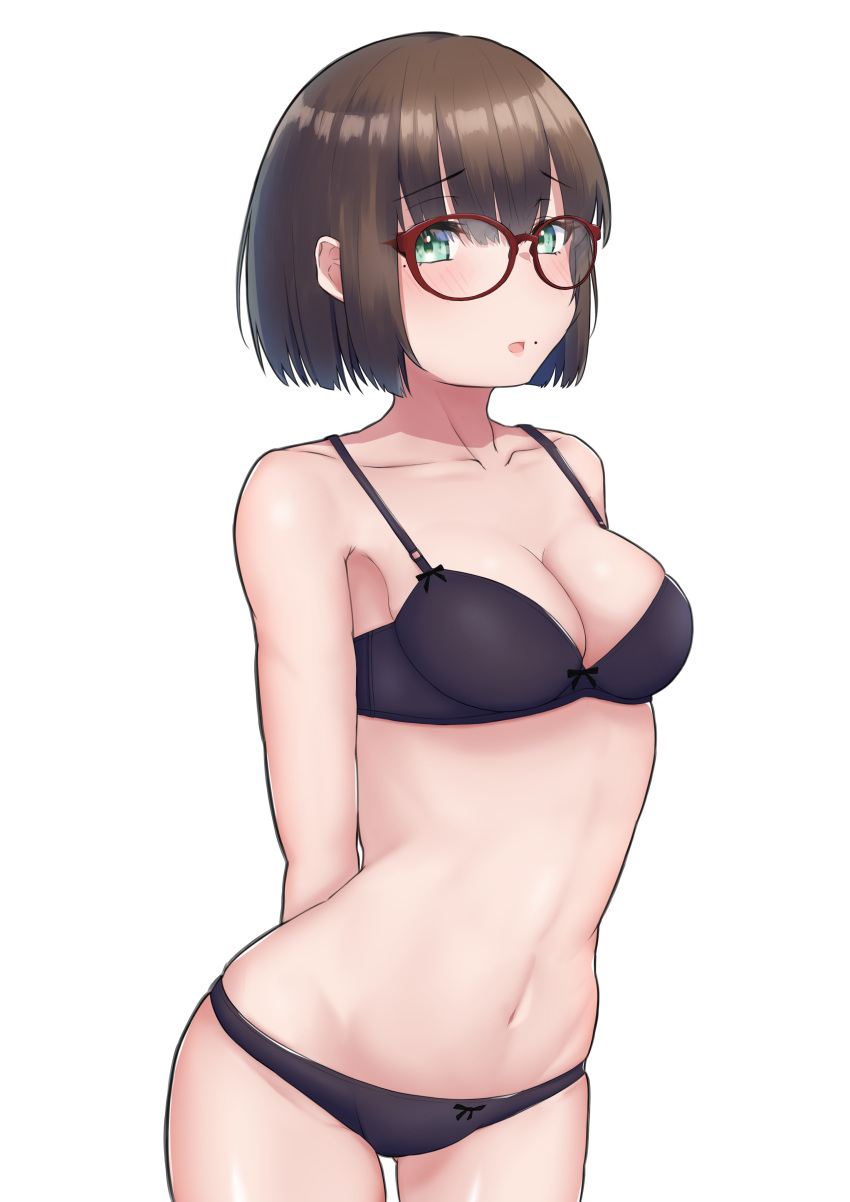 1girl absurdres akitoh-shino arms_behind_back ass_visible_through_thighs bangs black_bra black_panties blush bob_cut bow bow_bra bow_panties bra breasts brown_hair collarbone cowboy_shot eyebrows_visible_through_hair glasses green_eyes highres looking_at_viewer mole mole_on_cheek mole_under_eye navel open_mouth original panties red-framed_eyewear short_hair simple_background solo standing underwear underwear_only