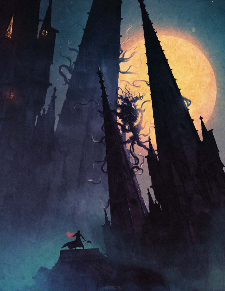 1other absurdres anatofinnstark artist_name bloodborne building hat highres holding holding_weapon huge_filesize hunter_(bloodborne) long_coat monster moon moon_presence night outdoors saw_cleaver scenery standing tricorne weapon wide_shot