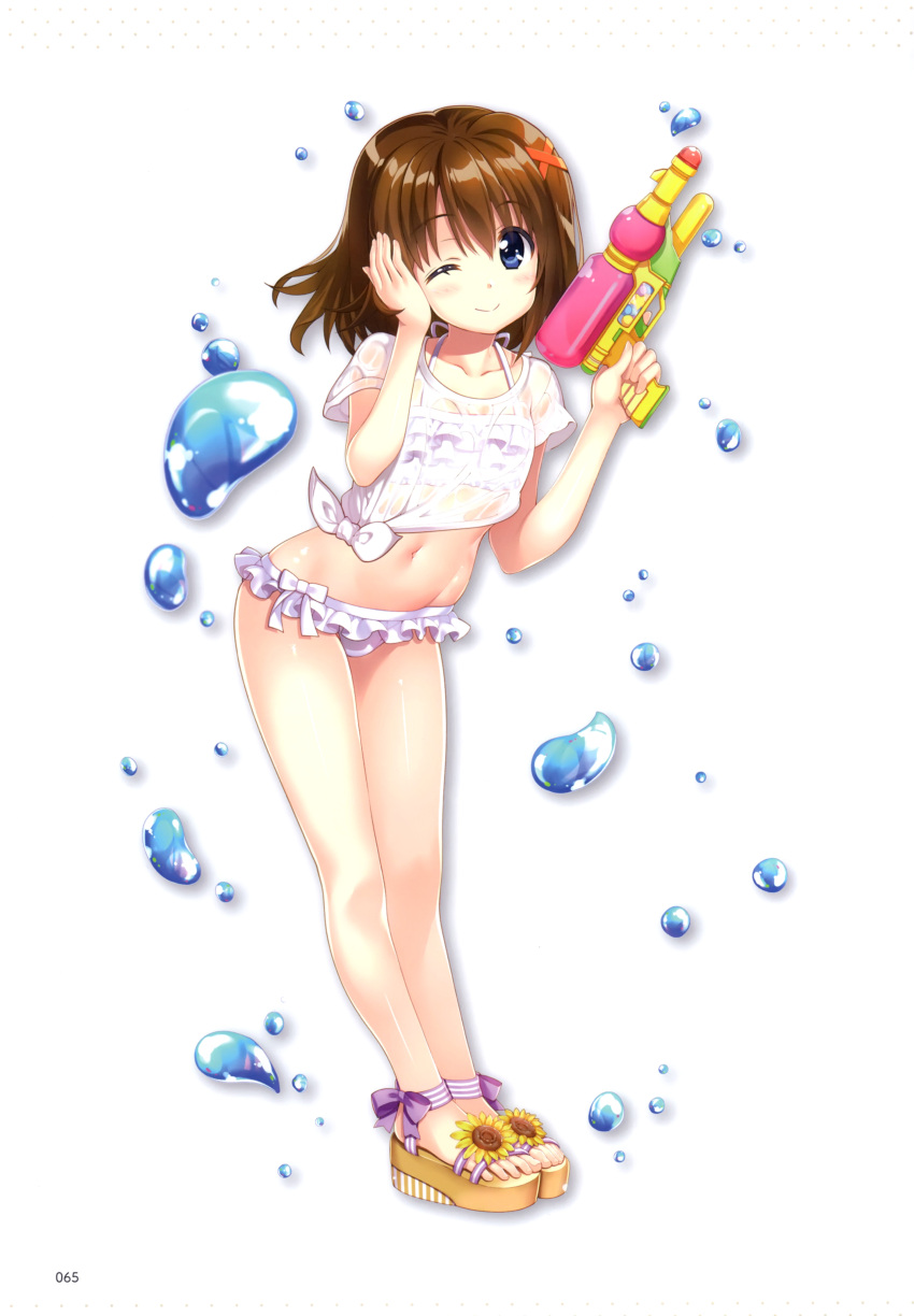 1girl absurdres bikini blue_eyes blush brown_hair frilled_bikini frills fujima_takuya full_body hair_ornament highres hood hoodie looking_at_viewer lyrical_nanoha mahou_shoujo_lyrical_nanoha navel see-through shiny shiny_hair shiny_skin short_hair solo standing swimsuit water_gun wet wet_clothes white_background white_hoodie x_hair_ornament yagami_hayate