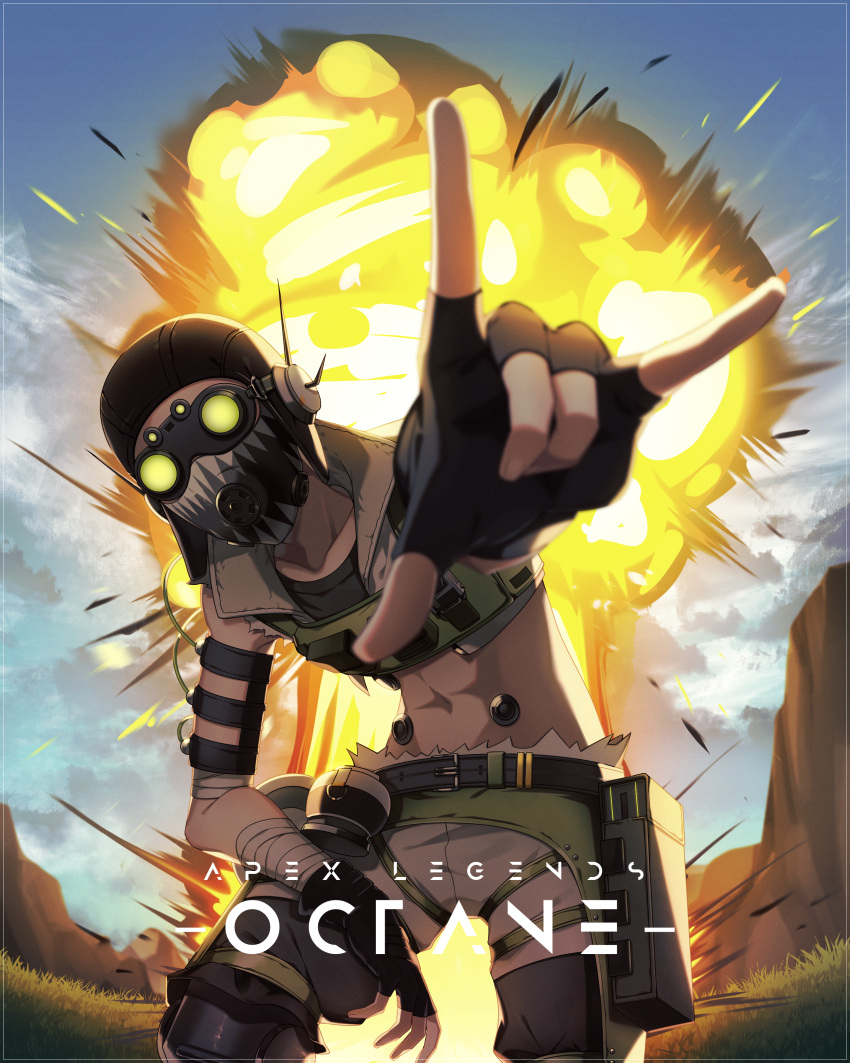 1boy \n/ absurdres apex_legends bandaged_arm bandages black_gloves black_headwear character_name collarbone copyright_name cropped_vest explosion explosive fingerless_gloves gloves goggles grenade grey_shorts hat highres huge_filesize leaning_forward looking_at_viewer male_focus mask mechanical_legs midriff mouth_mask navel octane_(apex_legends) prosthesis prosthetic_leg shorts single_mechanical_leg solo tokiceman vest
