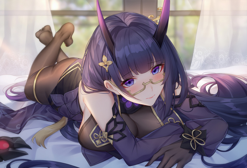 1girl bangs bare_shoulders benghuai_xueyuan black_gloves black_legwear blue_eyes blush breasts china_dress chinese_clothes closed_mouth detached_sleeves dress eyebrows_visible_through_hair feet_up full_body glasses gloves highres honkai_(series) honkai_impact_3rd horns indoors large_breasts long_hair looking_at_viewer lying no_shoes official_alternate_costume on_stomach oni_horns pantyhose purple_dress purple_hair raiden_mei raiden_mei_(herrscher_of_thunder) see-through solo thighlet window wu_ganlan_cai