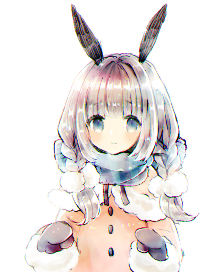 1girl animal_ears black_mittens blue_eyes blue_scarf blush braid brown_capelet brown_coat capelet closed_mouth coat fur-trimmed_capelet fur-trimmed_sleeves fur_trim grey_hair highres kikka_(kicca_choco) long_hair long_sleeves looking_at_viewer mittens original rabbit_ears scarf simple_background solo twin_braids upper_body white_background