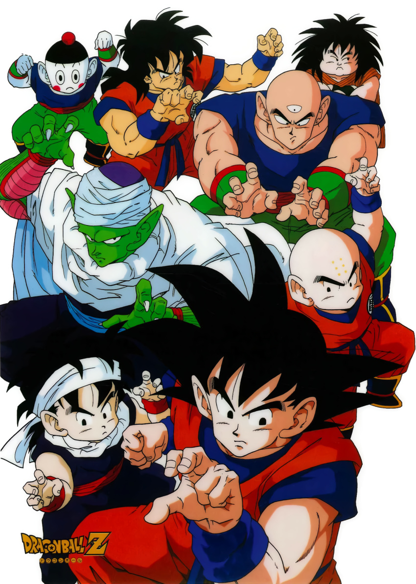 1990s_(style) 6+boys arms_up bald bangs black_eyes black_hair boots chaozu colored_skin cross_scar crossed_arms dougi dragon_ball dragon_ball_z father_and_son fighting_stance green_skin hat headband highres kuririn logo long_hair looking_at_viewer looking_away multiple_boys muscular namekian official_art outstretched_arms piccolo pointy_ears retro_artstyle saiyan scar scar_on_face serious short_hair simple_background son_gohan son_goku squatting tenshinhan third_eye toriyama_akira white_background white_skin wristband yajirobe yamcha