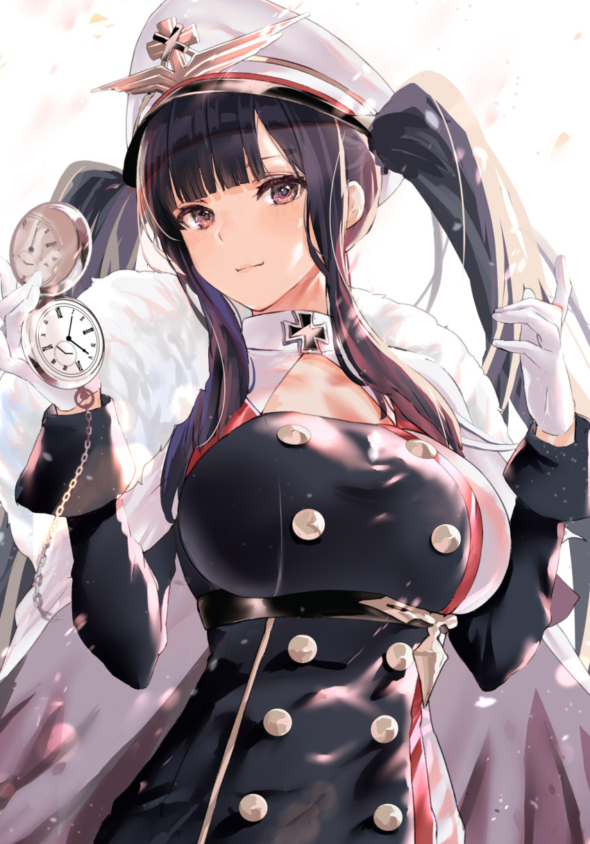1girl azur_lane bangs black_hair black_sash blunt_bangs breasts cape cowboy_shot double-breasted dress eyebrows_behind_hair fur-trimmed_cape fur_trim gloves hat highres iron_blood_(emblem) iron_cross large_breasts lips long_sleeves looking_at_viewer military military_hat military_uniform naval_uniform peter_strasser_(azur_lane) pocket_watch sash simple_background solo temir twintails uniform watch white_background white_gloves