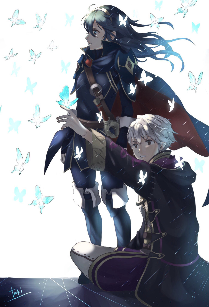 1boy 1girl armor backlighting bangs belt blue_butterfly blue_dress blue_eyes blue_footwear blue_hair boots bug butterfly cape commentary_request dress eyebrows_visible_through_hair fingerless_gloves fire_emblem fire_emblem_awakening full_body gloves grey_eyes hair_between_eyes highres insect knee_boots long_hair long_sleeves looking_to_the_side lucina_(fire_emblem) outstretched_arm robe robin_(fire_emblem) robin_(fire_emblem)_(male) shadow sheath sheathed short_hair shoulder_armor signature sitting standing sword tiara ume_ryou weapon white_butterfly white_hair