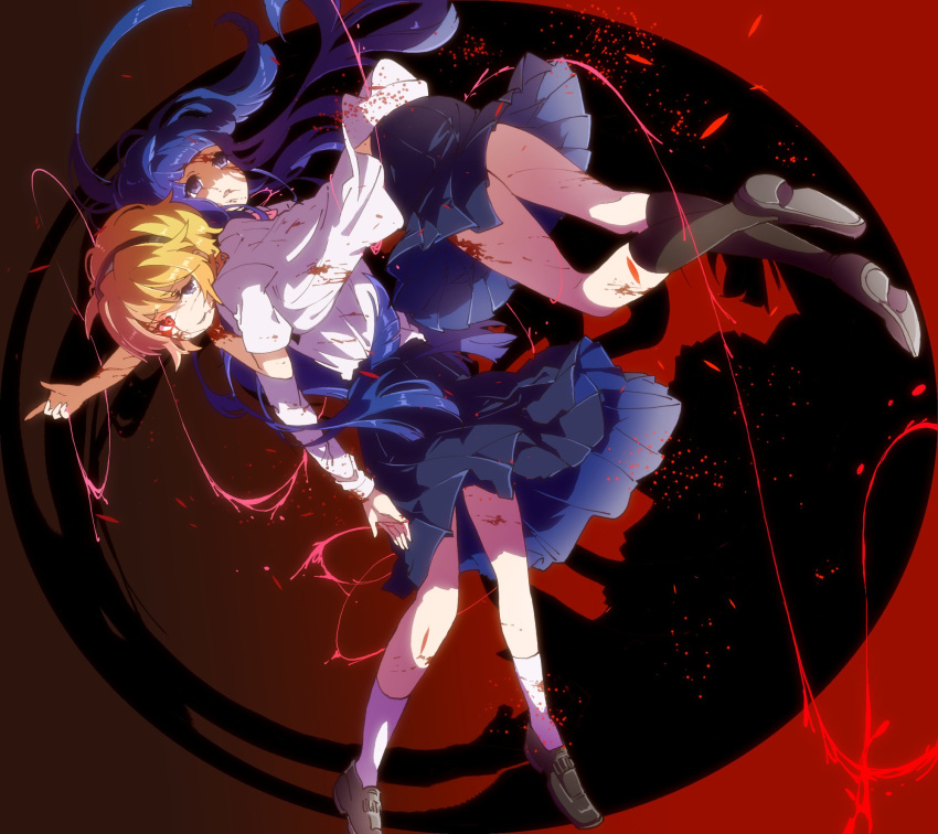 2girls blonde_hair blood blood_on_face bloody_clothes collared_shirt furude_rika glowing glowing_eyes headband highres higurashi_no_naku_koro_ni hinamikan houjou_satoko mary_janes multiple_girls older pleated_skirt purple_hair red_eyes school_uniform shirt shoes skirt socks spoilers