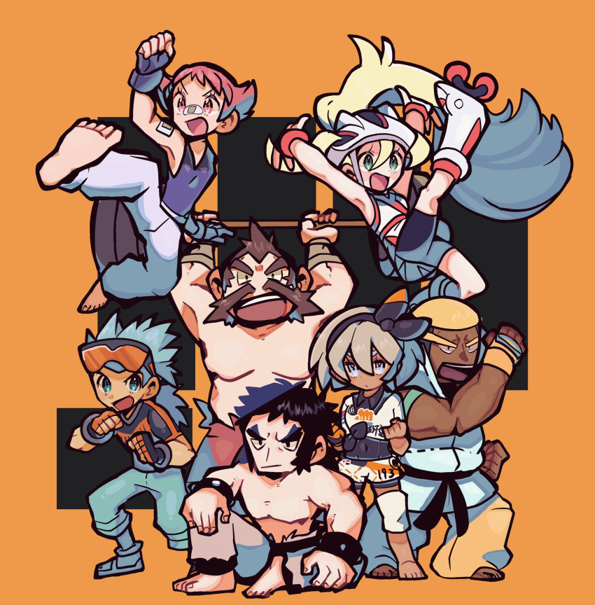 3girls 4boys armpits bea_(pokemon) blonde_hair blue_eyes blue_hair brawly_(pokemon) brown_hair bruno_(pokemon) chuck_(pokemon) covered_navel dark_skin dark-skinned_female dark_skinned_male donguri_big elite_four facial_hair full_body green_eyes gym_leader highres inline_skates korrina_(pokemon) marshal_(pokemon) maylene_(pokemon) multiple_boys multiple_girls mustache open_mouth orange_background pink_eyes pink_hair pokemon roller_skates shirtless skates sleeveless