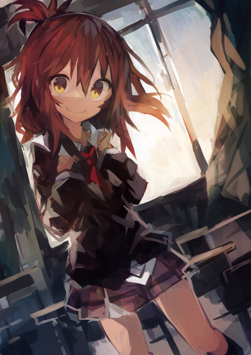 1girl absurdres alternate_costume backlighting bangs black_jacket black_legwear blazer brown_hair curtains desk dutch_angle folded_ponytail hair_between_eyes hand_up highres inazuma_(kancolle) jacket kaamin_(mariarose753) kantai_collection kneehighs looking_at_viewer necktie pleated_skirt school_uniform shirt sidelocks sketch skirt smile solo standing white_shirt window wing_collar yellow_eyes