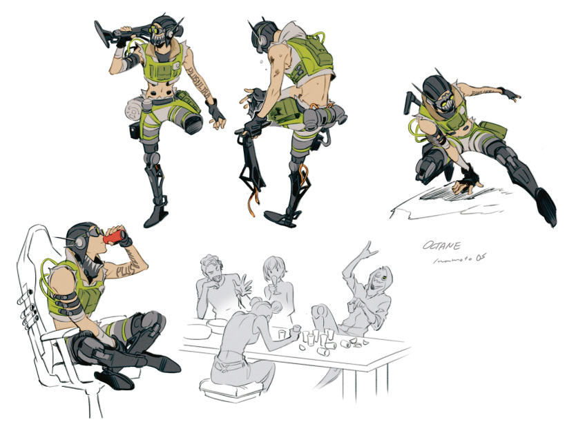 2boys 2girls apex_legends arm_tattoo black_headwear can character_name cropped_vest crossed_legs double_bun drinking goggles gun hair_behind_ear holding holding_can holding_gun holding_weapon iwamoto_zerogo laughing lifeline_(apex_legends) looking_to_the_side mechanical_legs midriff mirage_(apex_legends) missing_limb multiple_boys multiple_girls multiple_views navel octane_(apex_legends) over_shoulder prosthesis prosthetic_leg short_hair sitting sliding table tattoo vest wattson_(apex_legends) weapon white_background