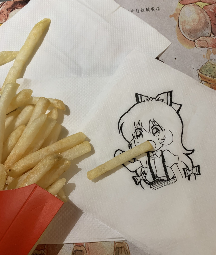 1girl bow cropped_torso eating eyebrows_visible_through_hair food french_fries fujiwara_no_mokou hair_bow highres holding holding_food jokanhiyou long_hair mcdonald's napkin no_nose open_mouth photo_(medium) sketch solo symbol_commentary tagme touhou traditional_media upper_body