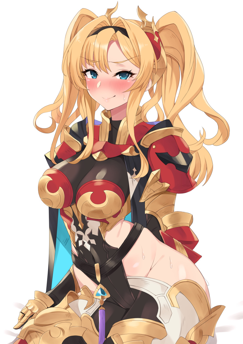 1girl absurdres bangs black_bodysuit blonde_hair blue_eyes blush bodysuit breasts granblue_fantasy hair_intakes hairband highres hip_vent large_breasts long_hair looking_at_viewer pm_tii_(matuko1024) red_armor simple_background smile twintails zeta_(granblue_fantasy)