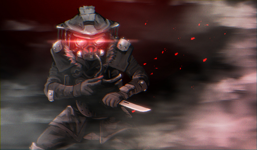 1other ambiguous_gender apex_legends armor black_gloves bloodhound_(apex_legends) cable gloves glowing glowing_eyes hand_gesture helmet holding holding_knife knife looking_at_viewer mask monochrome red_eyes smoke spot_color tamtam