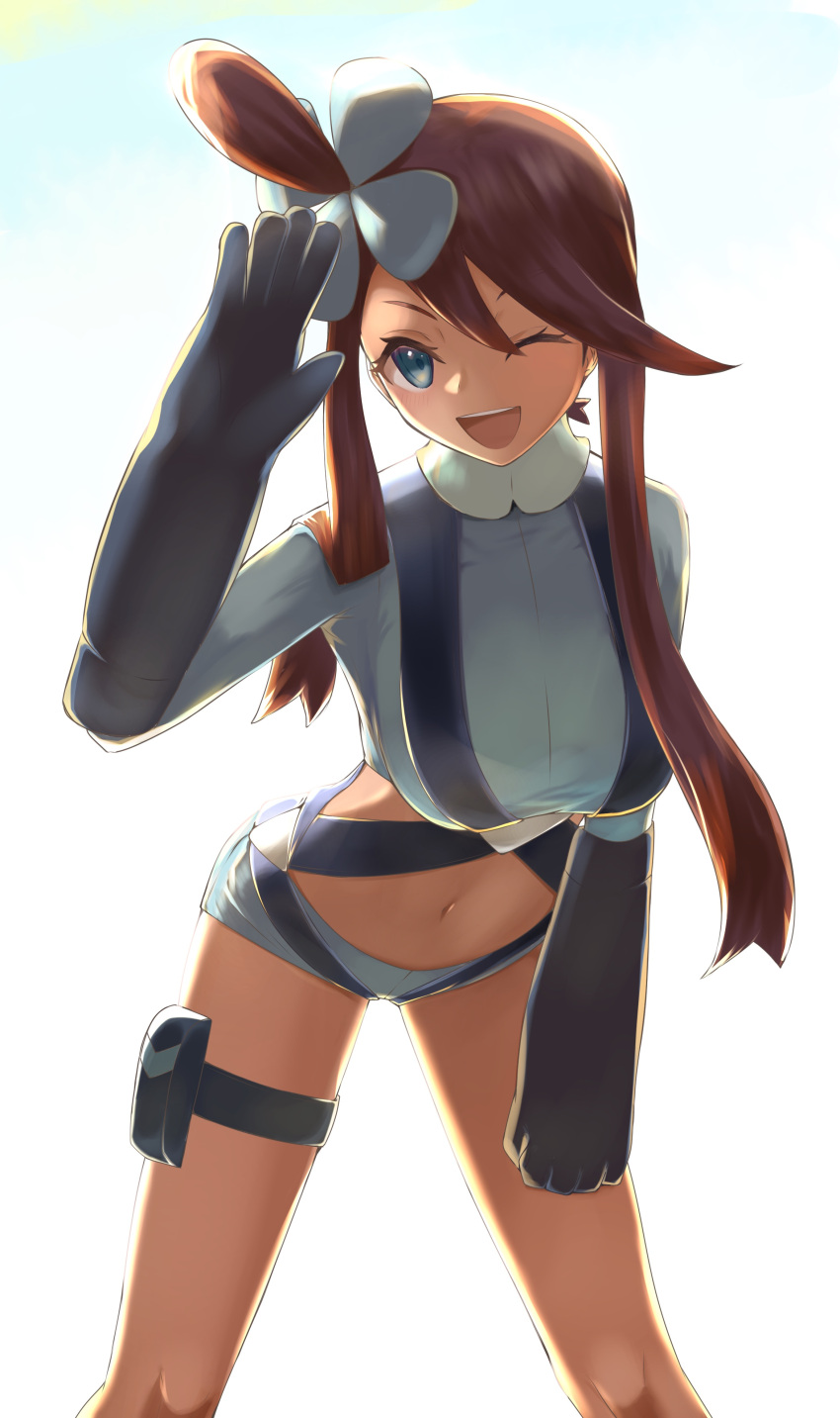 1girl ;d absurdres bangs blue_eyes blue_gloves blue_shorts breasts brown_hair crop_top elbow_gloves gloves gym_leader hair_ornament highres large_breasts leaning_forward long_hair looking_at_viewer micro_shorts midriff navel one_eye_closed open_mouth pokemon pokemon_(game) pokemon_bw shiny shiny_hair shorts simple_background skyla_(pokemon) smile solo standing stomach thigh_strap tied_hair twintails uji_(966qrr) white_background