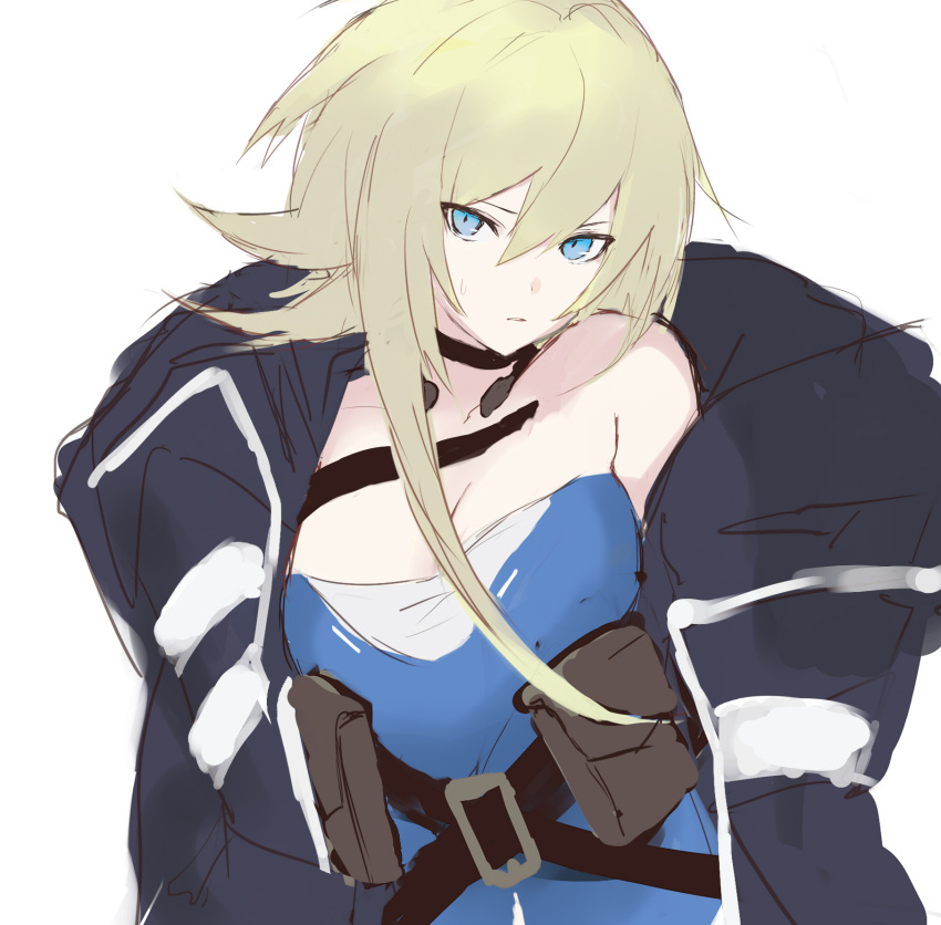 1girl ak-74u_(girls_frontline) bare_shoulders belt black_choker blonde_hair blue_eyes blue_jacket blue_shirt breasts choker closed_mouth eyebrows_visible_through_hair ff_frbb122 girls_frontline highres holster jacket long_hair looking_at_viewer open_clothes open_jacket shirt solo white_background