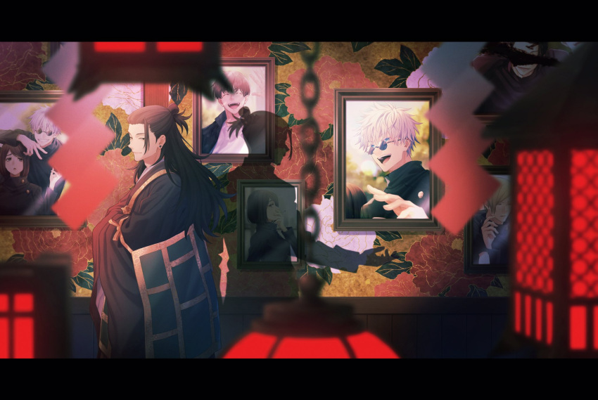 1girl 3boys :d ^_^ black_border black_eyes black_hair black_jacket black_kimono blue_eyes border closed_eyes closed_mouth cowboy_shot different_shadow ear_piercing gakuran getou_suguru gojou_satoru haibara_yu hair_bun hair_pulled_back highres ieiri_shoko indoors jacket japanese_clothes jujutsu_kaisen kimono lantern letterboxed long_hair looking_at_viewer multiple_boys open_mouth picture_(object) picture_frame piercing round_eyewear school_uniform shirt short_hair smile standing sunglasses tsuu_(tu-3) upper_body white_hair white_shirt