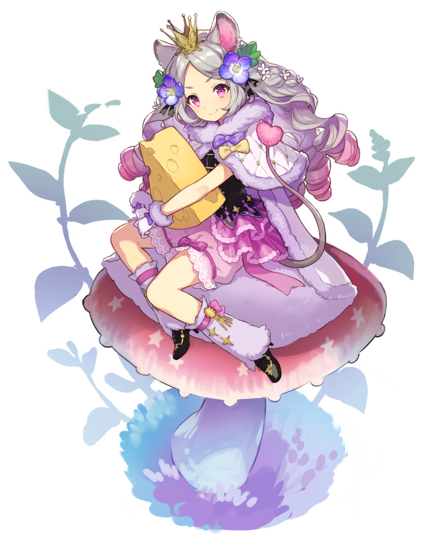&gt;:) 1girl ame8desu animal_ears bloomers bubble_skirt cape capelet cheese closed_mouth drill_hair flower food full_body fur-trimmed_cape fur-trimmed_capelet fur-trimmed_gloves fur_trim giant_mushroom gloves gradient_hair grey_hair hair_flower hair_ornament highres leg_warmers long_hair looking_at_viewer mouse_ears mouse_girl mouse_tail multicolored_hair object_hug original pink_bloomers pink_eyes pink_hair silver_hair sitting skirt skirt_set smile solo tail underwear
