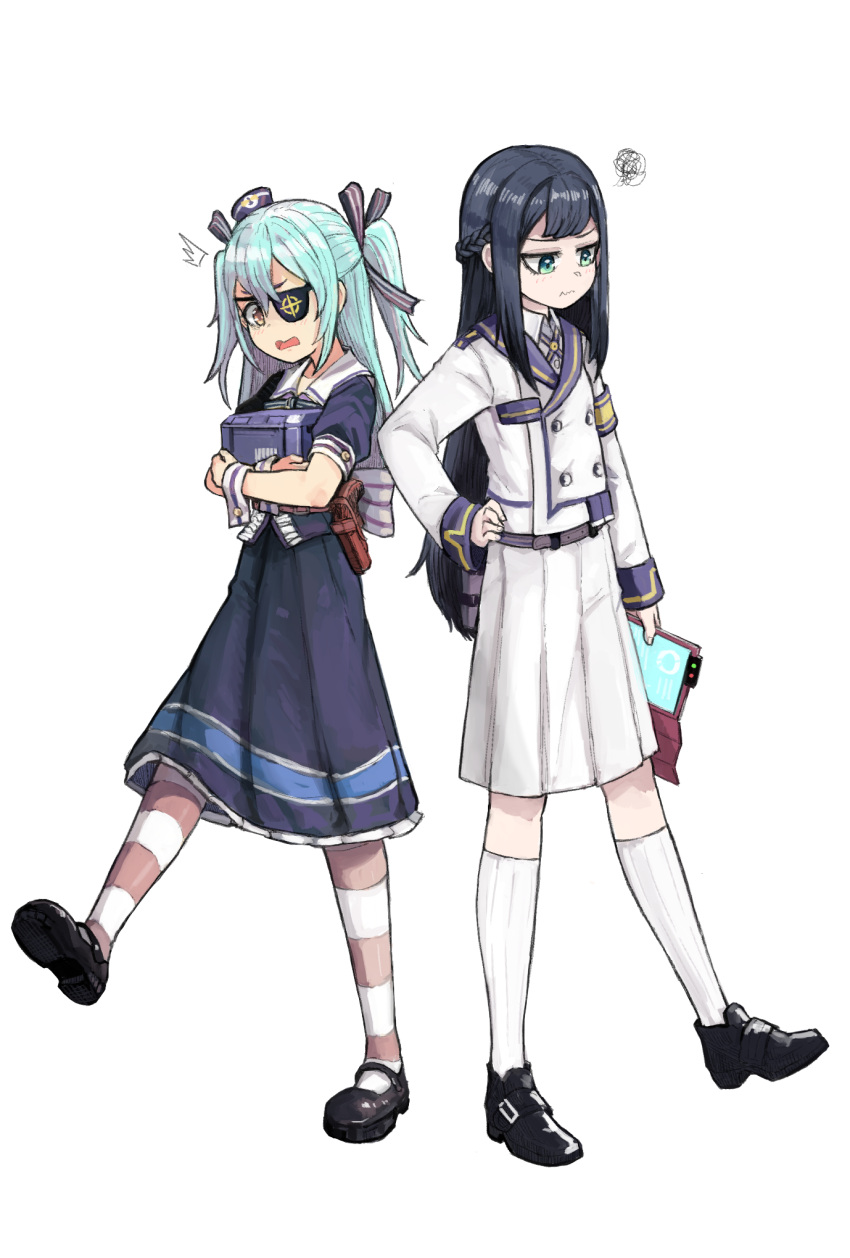 2girls bangs braid c-33_andvari dark_blue_hair dixie_cup_hat dress full_body green_eyes hair_ribbon hat highres kneehighs last_origin light_blue_hair linne_(ruielinne) long_hair lrl mary_janes military_hat multiple_girls pantyhose pleated_skirt ribbon sailor_dress scribble shoes simple_background skirt striped striped_legwear tablet_pc twintails two_side_up uniform white_background white_legwear white_skirt yellow_eyes