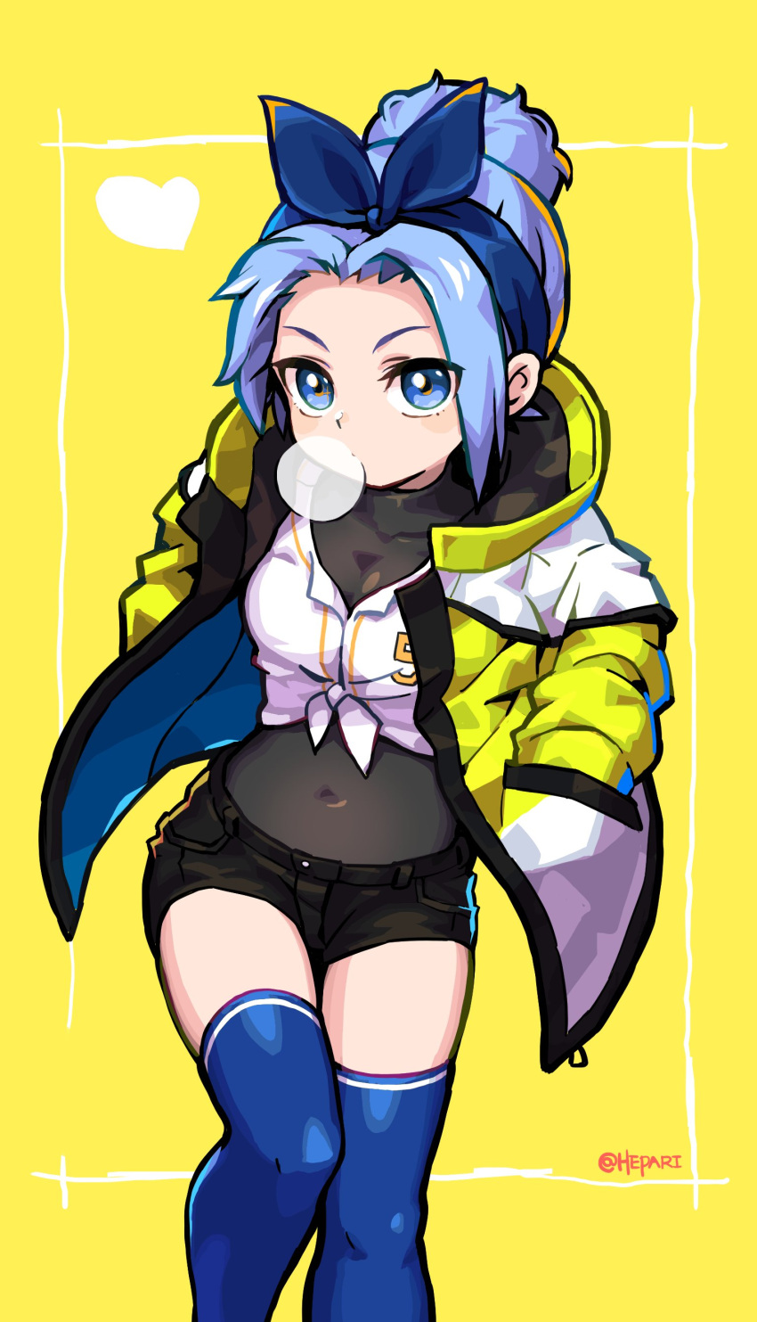 1girl absurdres baseball_jersey black_shorts blue_bow blue_eyes blue_hairband blue_legwear bodysuit borrowed_character bow breasts bubble_blowing chewing_gum commission english_commentary front-tie_top hair_bun hairband hands_in_pockets hepari highres jacket looking_at_viewer medium_breasts minah_(chaesu) open_clothes open_jacket original sheer_clothes shorts solo thigh-highs updo yellow_background