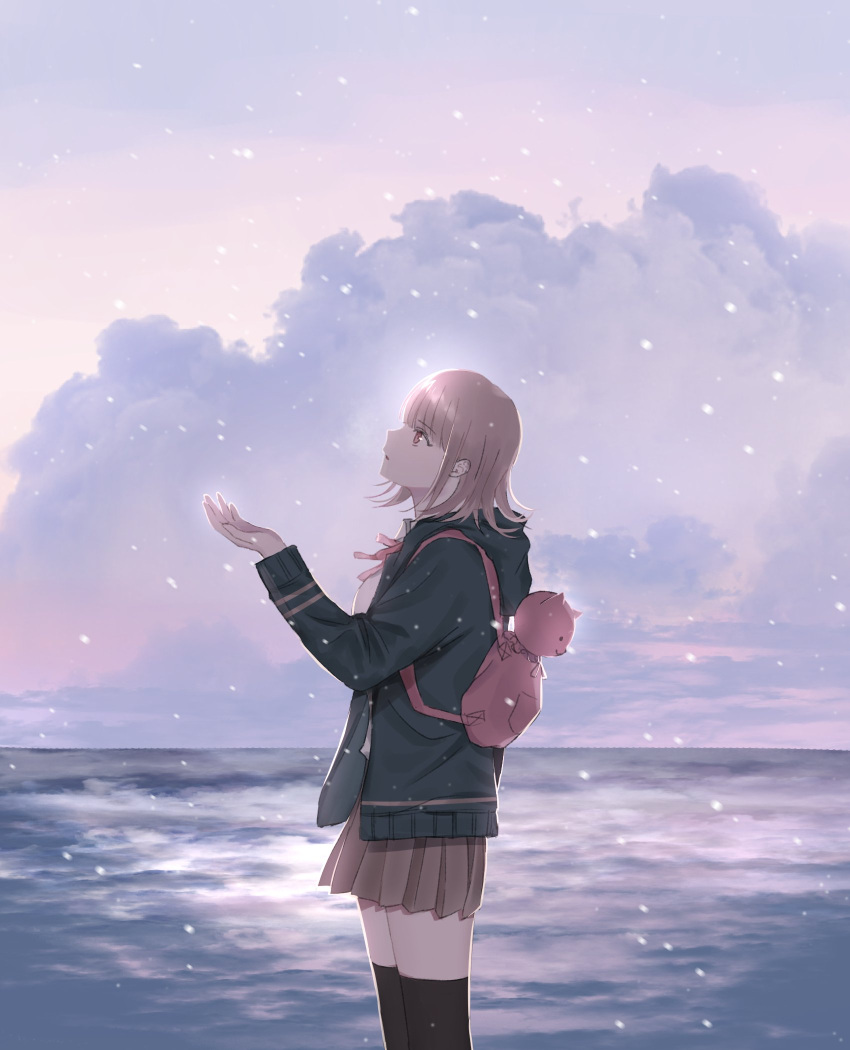 1girl animal_bag backpack bag bangs black_jacket black_legwear brown_skirt cat_bag clouds dangan_ronpa_(series) dangan_ronpa_2:_goodbye_despair from_side hair_ornament hand_up highres hood hood_down hooded_jacket horizon jacket jecheubo long_sleeves medium_hair nanami_chiaki open_clothes open_jacket outdoors pink_bag pink_eyes pleated_skirt protected_link skirt snowing solo thigh-highs