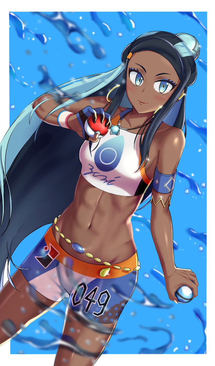 1girl abs absurdres armlet bare_shoulders belly_chain bike_shorts black_hair blue_background blue_eyes blue_eyeshadow blue_hair blush breasts closed_mouth collarbone commentary_request cowboy_shot dark_skin dark-skinned_female dive_ball dutch_angle dynamax_band earrings eyeshadow glint gloves groin gym_leader hair_bun half_gloves highres holding holding_poke_ball hoop_earrings jewelry long_hair looking_at_viewer makeup medium_breasts midriff multicolored_hair navel necklace nessa_(pokemon) number poke_ball poke_ball_(basic) pokemon pokemon_(game) pokemon_swsh sidelocks simple_background single_glove smile solo standing swimsuit tankini toin_(koto54576897) two-tone_hair water