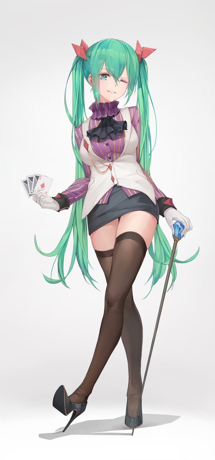 1girl ;) absurdres bangs black_footwear black_skirt blue_eyes bow brown_legwear card dress_shirt full_body gloves green_hair grin hair_between_eyes hair_bow hand_on_hilt hatsune_miku high_heels highres holding holding_card long_hair long_sleeves looking_at_viewer miniskirt one_eye_closed pencil_skirt pumps purple_shirt r/h red_bow shiny shiny_hair shirt skirt smile solo striped striped_shirt thigh-highs twintails vertical-striped_shirt vertical_stripes very_long_hair vocaloid walking white_gloves zettai_ryouiki