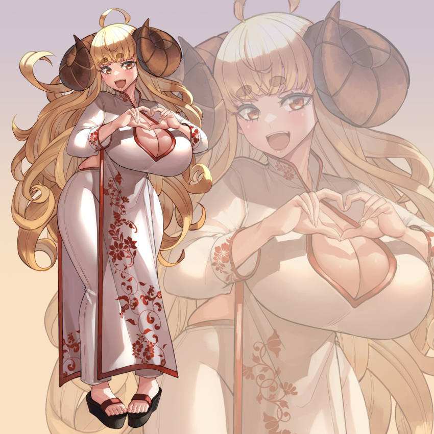 1girl ahoge anila_(granblue_fantasy) blonde_hair blood_hood breasts chinese_clothes cleavage_cutout clothing_cutout commission draph floral_print full_body goat_horns granblue_fantasy heart heart_hands highres horns huge_breasts long_hair sandals short_stack simple_background smile solo thick_eyebrows very_long_hair yellow_eyes