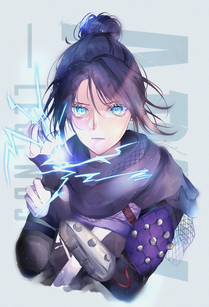 1girl apex_legends bangs black_gloves black_scarf blue_eyes bodysuit caechiya cropped_torso electricity fingerless_gloves floating_hair gloves hair_bun highres holding_own_arm looking_at_viewer open_hand parted_bangs parted_lips scarf solo upper_body wraith_(apex_legends)