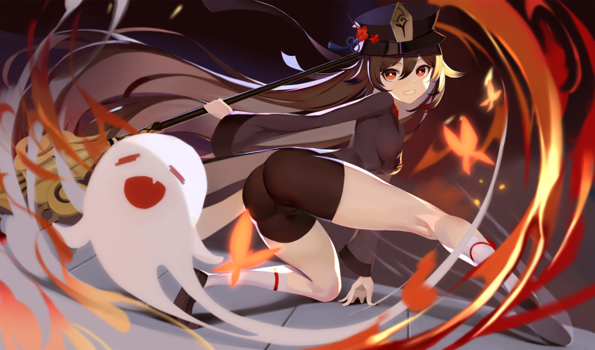 1girl ass black_footwear black_headwear black_shirt black_shorts bright_pupils brown_hair fire floating_hair flower genshin_impact ghost grin hat hat_flower highres holding holding_spear holding_weapon hu_tao kneehighs long_hair long_sleeves looking_at_viewer ocarino plum_blossoms polearm red_eyes shirt shoes short_shorts shorts smile solo spear tailcoat thighs twintails very_long_hair vision_(genshin_impact) weapon white_legwear