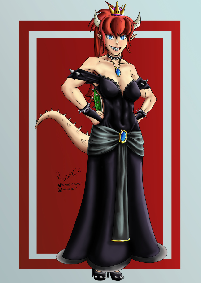1girl absurdres black_dress bowsette dress highres horns looking_at_viewer muscular muscular_female nintendo redhead rob012dostuff simple_background smile super_crown super_smash_bros. tail