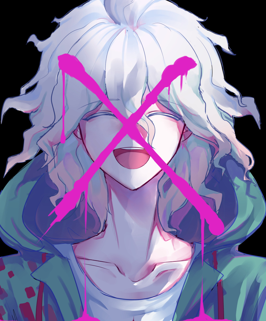 1boy :d absurdres bangs black_background blood collarbone commentary_request cross danchu_(danchu0628) dangan_ronpa_(series) dangan_ronpa_2:_goodbye_despair full_body grey_hair hair_between_eyes highres hood hood_down hooded_jacket jacket komaeda_nagito long_neck male_focus open_mouth pink_blood shirt short_hair smile solo upper_teeth