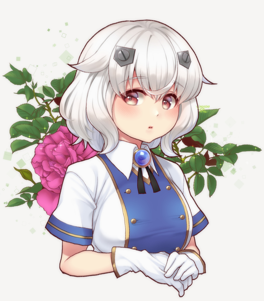 1girl alternate_breast_size azur_lane bangs blush breasts bulldog_(azur_lane) buttons collared_shirt commentary_request cropped_torso eyebrows_visible_through_hair floral_background flower gloves hair_between_eyes hair_ornament highres large_breasts looking_at_viewer own_hands_together parted_lips partial_commentary puchopucho red_eyes rose shirt short_hair sidelocks solo sparkle taut_clothes taut_shirt white_background white_gloves white_hair white_shirt