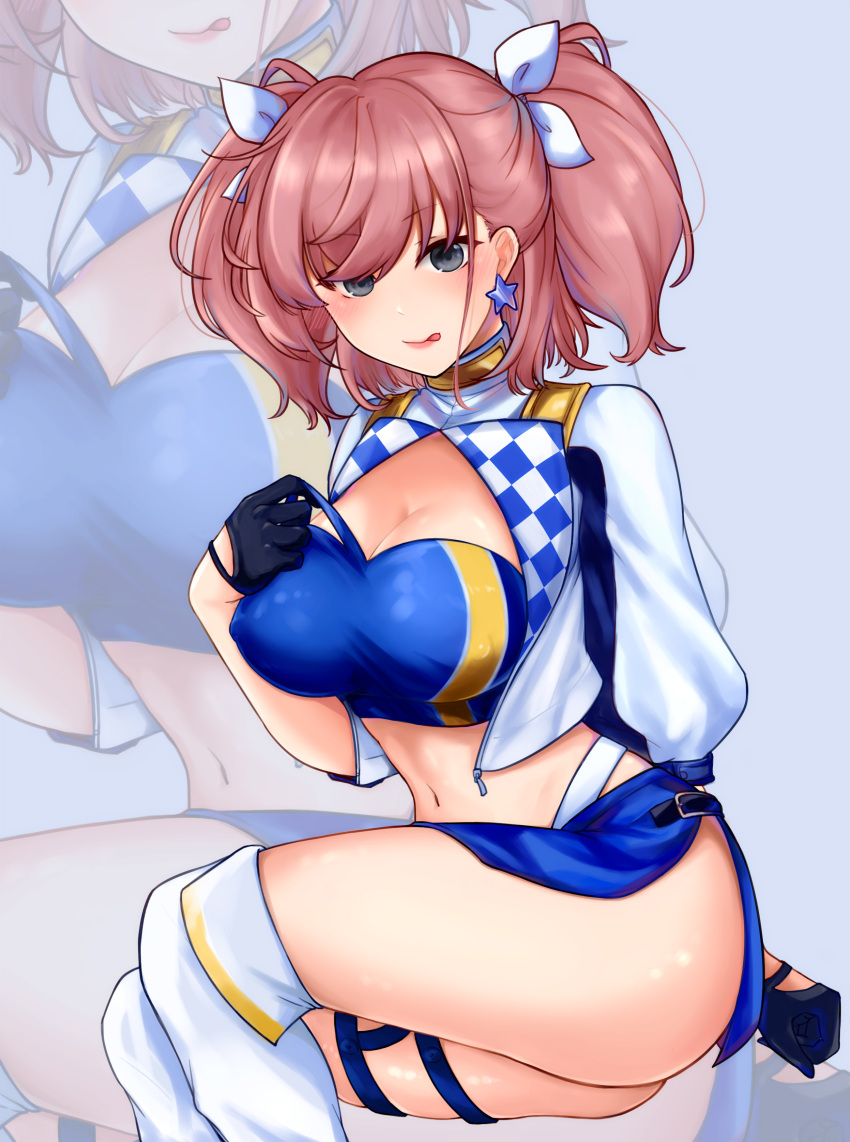1girl absurdres atlanta_(kancolle) black_gloves blue_bandeau blue_skirt boots breasts brown_hair cosplay cropped_jacket gloves gotland_(kancolle) gotland_(kancolle)_(cosplay) grey_eyes hair_ribbon half_gloves highres jacket kantai_collection knee_boots large_breasts long_hair midriff miniskirt racequeen revision reward_available ribbon shrug_(clothing) sitting skirt two_side_up white_footwear white_jacket white_ribbon yukai_(xiaoyu13298276) zoom_layer