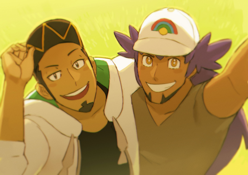 2boys absurdres arm_up bangs baseball_cap black_shirt bright_pupils clenched_teeth commentary dark_skin dark_skinned_male english_commentary facial_hair grey_shirt grin hand_on_headwear hat highres hood hoodie kia_shie kukui_(pokemon) leon_(pokemon) long_hair looking_at_viewer male_focus multiple_boys open_clothes open_hoodie open_mouth pokemon pokemon_(game) pokemon_sm pokemon_swsh purple_hair shirt smile teeth upper_body white_headwear white_hoodie