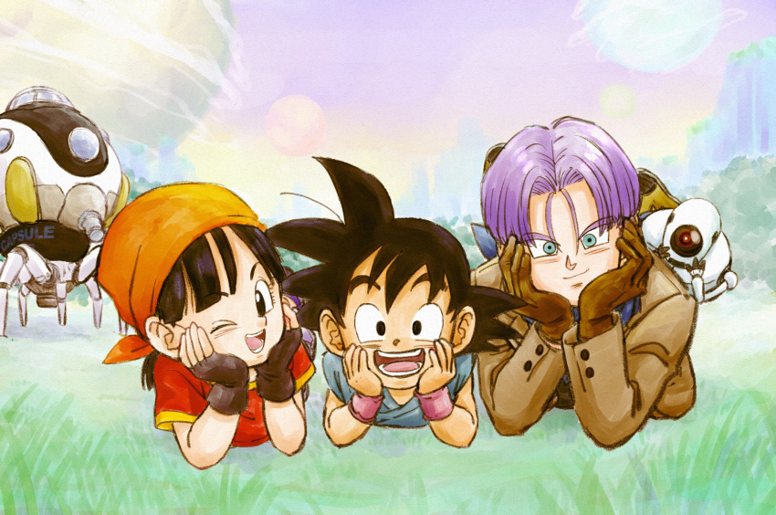 1girl 2boys :d bandana black_eyes black_gloves black_hair blue_neckwear blue_scarf blue_shirt brown_coat brown_gloves capsule_corp coat denim dougi dragon_ball dragon_ball_gt elbow_rest fingerless_gloves giru_(dragon_ball) gloves grass green_eyes hands_on_own_cheeks hands_on_own_face head_rest highres jeans looking_at_viewer lying multiple_boys multiple_moons on_stomach one_eye_closed open_mouth orange_bandana pan_(dragon_ball) pants pipi2020pipi purple_hair purple_sky red_shirt red_wristband robot scarf shirt smile son_goku space_craft trunks_(dragon_ball) wristband