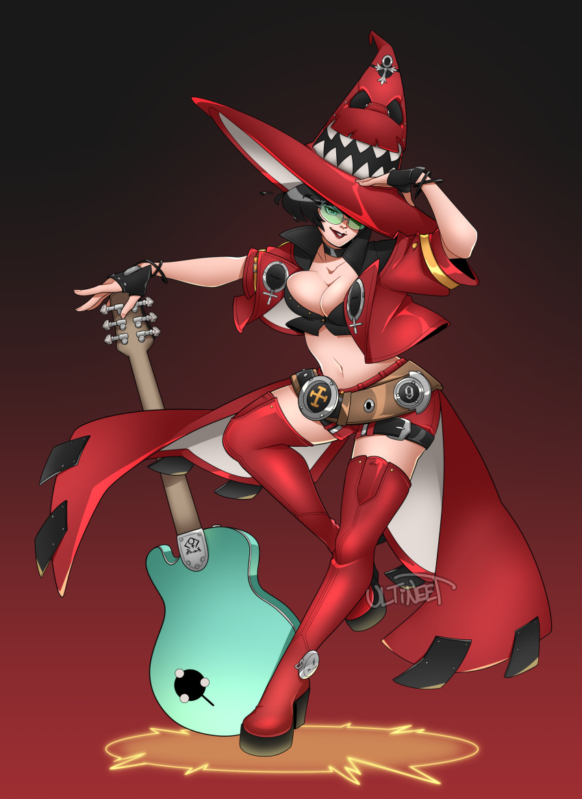 1girl absurdres bangs belt_buckle boots buckle electric_guitar guilty_gear guilty_gear_strive guitar hat highres i-no instrument jacket midriff red_headwear red_jacket red_legwear short_hair sunglasses thigh-highs thigh_boots ultineet venus_symbol witch_hat