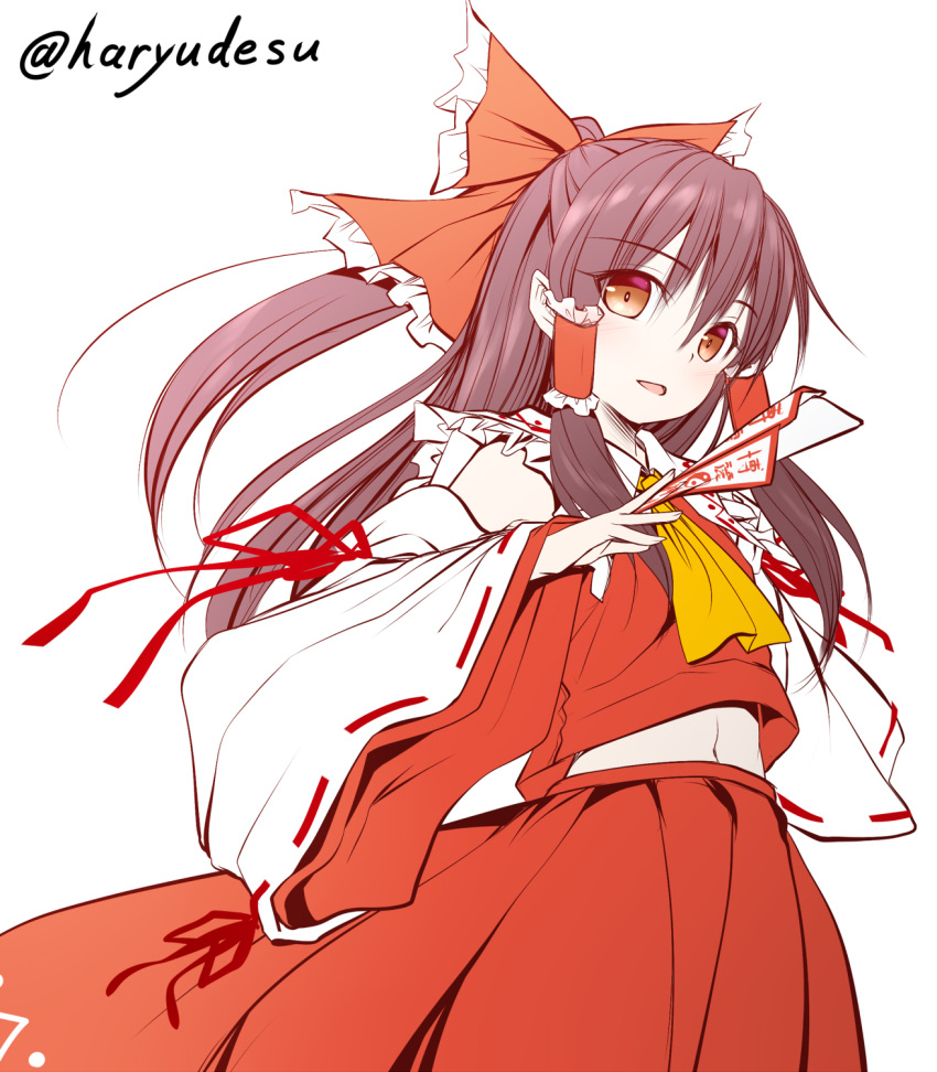 1girl between_fingers bow brown_eyes brown_hair commentary_request detached_sleeves hair_bow hair_tubes hakurei_reimu haryuu_(poetto) highres holding long_hair long_sleeves looking_at_viewer navel ofuda parted_lips pleated_skirt ponytail red_bow red_ribbon red_shirt red_skirt ribbon ribbon-trimmed_sleeves ribbon_trim shirt simple_background skirt skirt_set sleeveless sleeveless_shirt solo touhou twitter_username white_background white_sleeves wide_sleeves yellow_neckwear