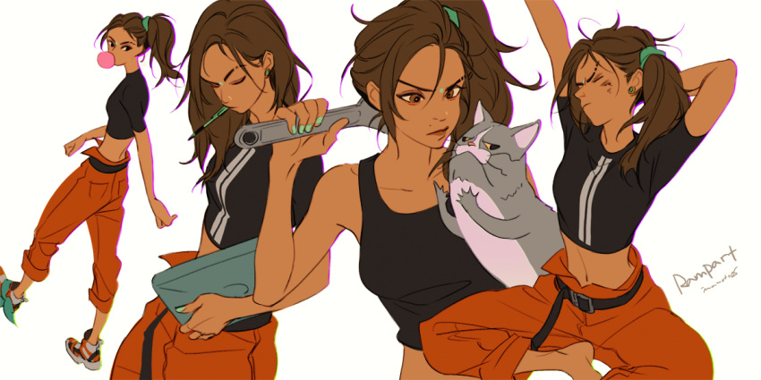 1girl apex_legends barefoot black_shirt brown_eyes brown_hair bubble_blowing cat character_name cropped_shirt dark_skin dark-skinned_female eyebrow_cut green_nails holding holding_tablet_pc holding_wrench iwamoto_zerogo looking_down midriff mole mole_above_mouth multiple_views navel orange_pants pen_to_mouth rampart_(apex_legends) shirt shoes side_ponytail sneakers tablet_pc walking white_background wrench