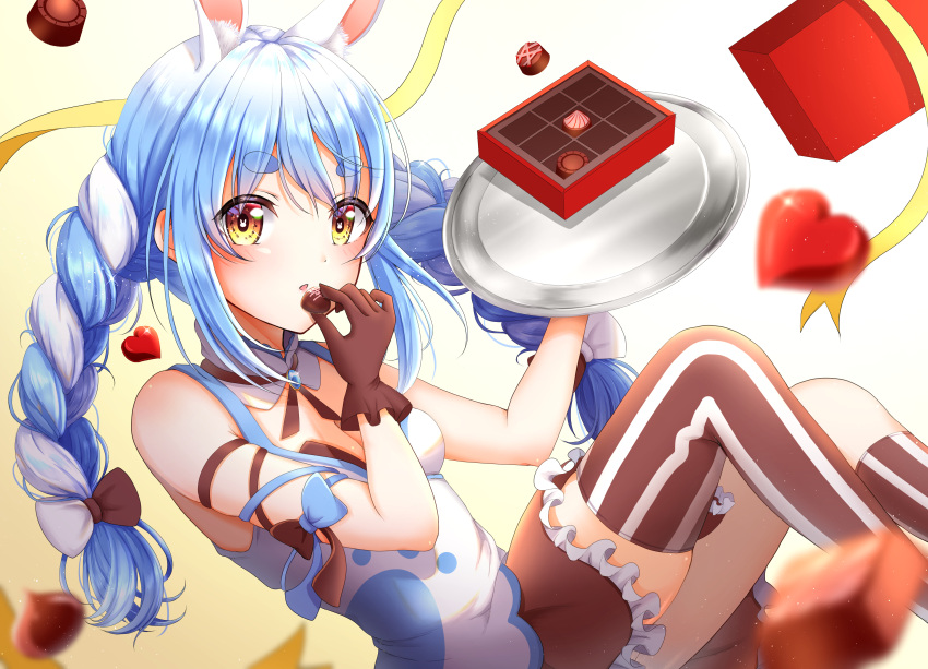 1girl absurdres alternate_costume animal_ear_fluff animal_ears arm_ribbon asymmetrical_legwear bare_shoulders blue_hair blush box box_of_chocolates breasts brown_gloves brown_skirt bunny-shaped_pupils eyebrows_visible_through_hair frilled_skirt frills gloves highres hikimayu holding holding_tray hololive kneehighs long_hair looking_at_viewer multicolored_hair nanami_hitomi orange_eyes original parted_lips rabbit_ears ribbon short_eyebrows single_kneehigh single_thighhigh skirt small_breasts solo tank_top thigh-highs tray twintails two-tone_hair usada_pekora valentine very_long_sleeves virtual_youtuber white_hair