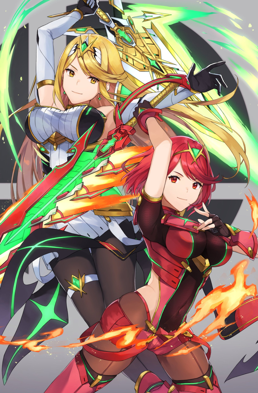2girls absurdres bangs bare_shoulders black_gloves blonde_hair breasts chest_jewel dress earrings elbow_gloves fingerless_gloves gloves highres jewelry kamu_(kamuuei) large_breasts long_hair mythra_(xenoblade) pyra_(xenoblade) red_eyes red_legwear red_shorts redhead short_dress short_hair short_shorts shorts super_smash_bros. swept_bangs thigh-highs tiara very_long_hair white_dress white_gloves xenoblade_chronicles_(series) xenoblade_chronicles_2 yellow_eyes