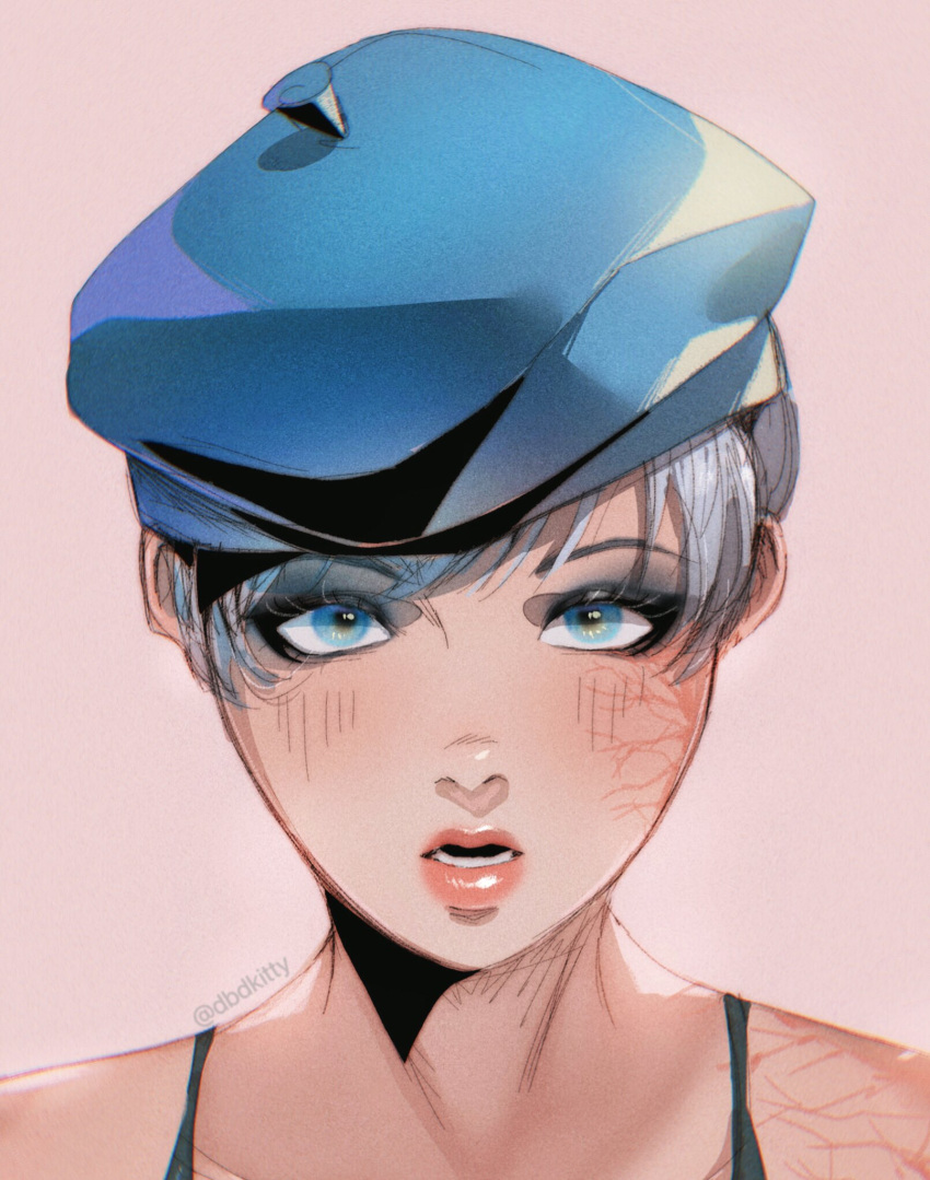 1girl alternate_hair_color apex_legends artist_name beret blue_eyes blue_eyeshadow blue_headwear blush bra_strap collarbone dbdkitty english_commentary eyeshadow hair_behind_ear hat highres lichtenberg_figure makeup open_mouth pink_background scar scar_on_cheek scar_on_face short_hair silver_hair solo upper_body wattson_(apex_legends)