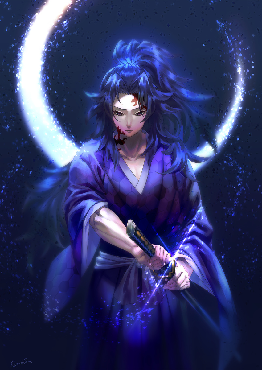 1boy black_hair black_hakama blue_background blue_hair coma2 crescent_moon facial_mark floating_hair hakama high_ponytail highres holding holding_sheath holding_sword holding_weapon japanese_clothes kimetsu_no_yaiba kimono long_hair male_focus moon multicolored_hair print_kimono purple_kimono sheath shiny shiny_hair signature solo sword tsugikuni_yoriichi unsheathing very_long_hair weapon