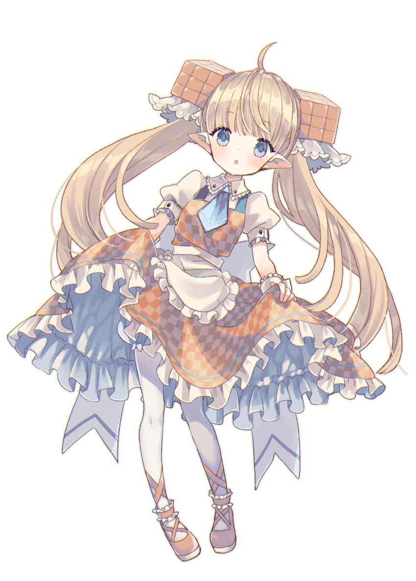 1girl :o ahoge apron blue_eyes blue_neckwear blush brown_dress brown_footwear checkered checkered_dress collared_shirt dress frilled_apron frilled_dress frills full_body hair_cubes hair_ornament highres kikka_(kicca_choco) light_brown_hair long_hair original pantyhose parted_lips pointy_ears puffy_short_sleeves puffy_sleeves shirt shoes short_sleeves simple_background skirt_hold solo standing twintails very_long_hair waist_apron white_apron white_background white_legwear white_shirt wrist_cuffs