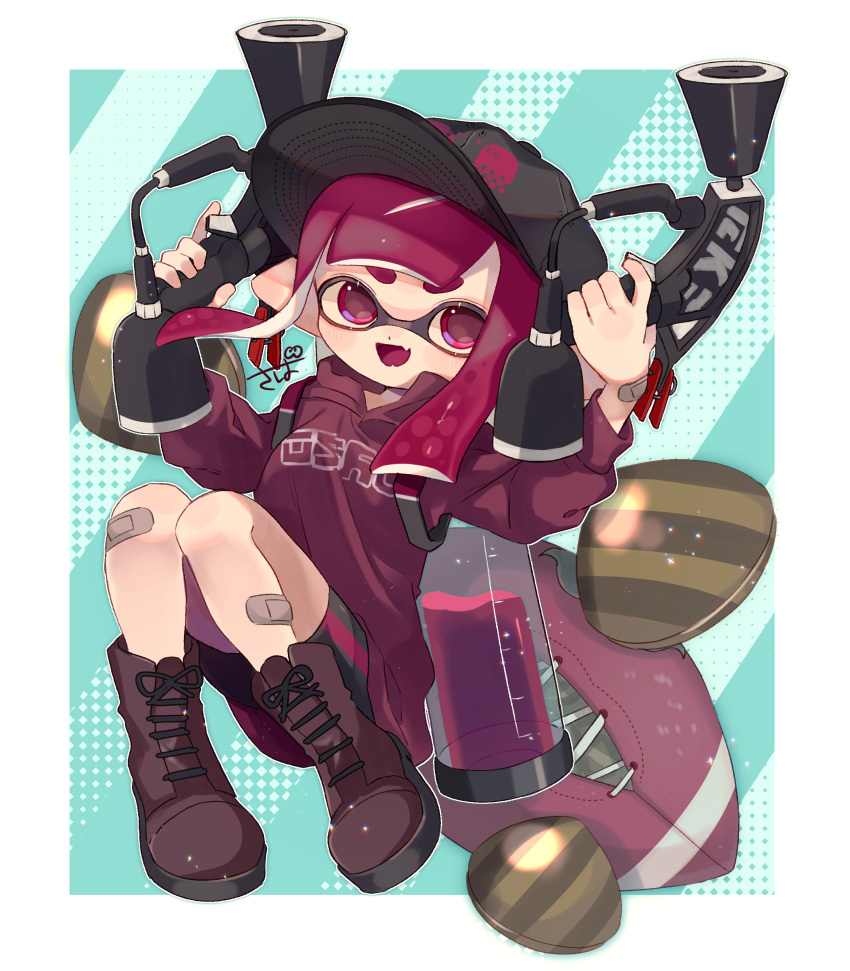 1girl absurdres american_football_(object) artist_name bandaid bandaid_on_knee bandaid_on_leg bangs bike_shorts black_shorts blunt_bangs blunt_ends boots clam_shell colored_tongue commentary domino_mask dual_wielding fang fangs floating highres holding ink_tank_(splatoon) inkling inkling_(language) knees_up long_hair long_sleeves looking_at_viewer mask mikoshiba_m open_mouth pointy_ears print_shirt purple_footwear purple_hair purple_shirt purple_tongue shirt shorts signature single_vertical_stripe skin_fang smile solo splat_dualies_(splatoon) splatoon_(series) splatoon_2 straight-laced_footwear tentacle_hair violet_eyes