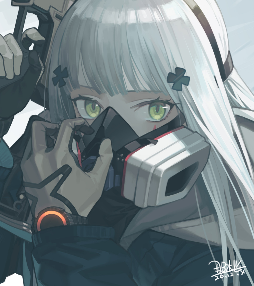 agent_416_(girls_frontline) black_gloves blue_coat coat cropped dated facial_mark gas_mask girls_frontline gloves green_eyes grey_gloves gun hair_ornament highres hk416_(girls_frontline) holding holding_gun holding_weapon hood hood_down long_hair mask multicolored multicolored_clothes multicolored_gloves seyana signature tom_clancy's_the_division two-tone_gloves watch watch weapon white_hair