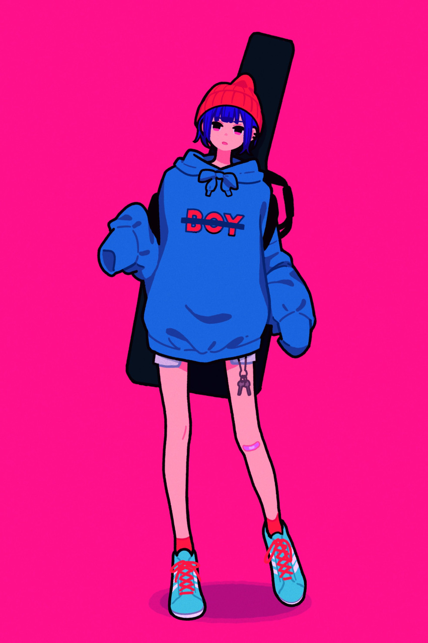 1girl absurdres aqua_footwear bandaid bandaid_on_knee beanie blue_hair blue_sweater full_body hat highres original pink_eyes print_sweater red_headwear red_legwear shadow shoes short_hair socks solo standing sweater very_long_sleeves yoshi_mi_yoshi