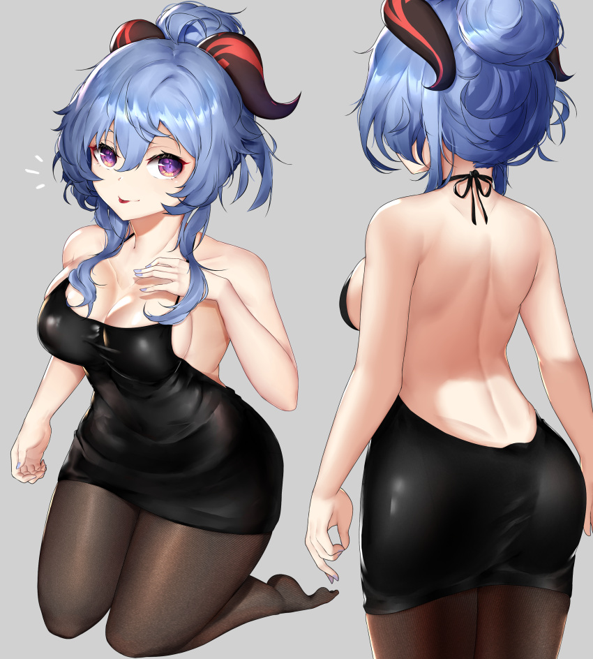 1girl :p absurdres back backless_dress backless_outfit bare_back bare_shoulders black_dress black_legwear blue_hair breasts dress feet from_behind fukuro_eito ganyu_(genshin_impact) genshin_impact hand_on_own_chest highres looking_at_viewer medium_breasts nail_polish sleeveless sleeveless_dress solo tied_hair tongue tongue_out violet_eyes