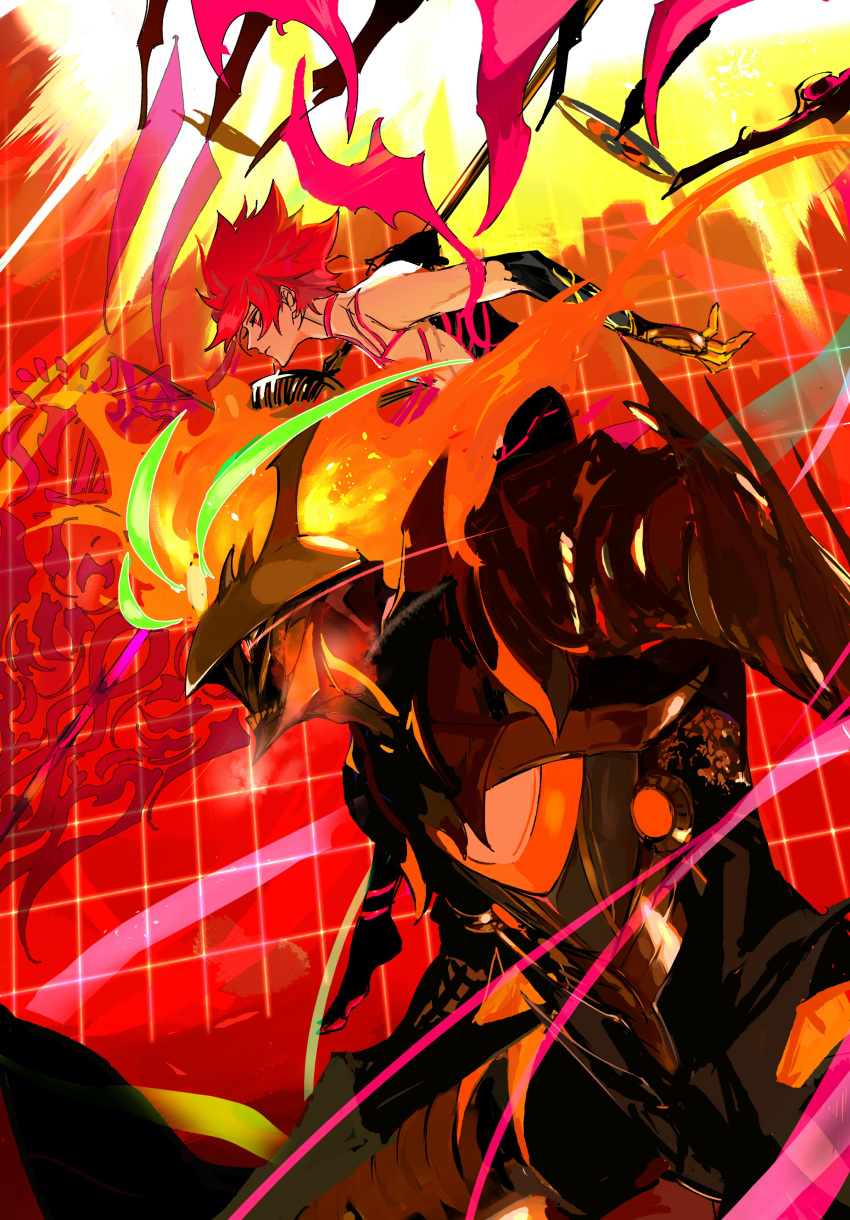 2boys absurdres armor ashwatthama_(fate) chest_tattoo ddlcclia fate/grand_order fate_(series) fiery_hair fiery_wings fighting_stance glowing glowing_eye highres karna_(fate) looking_to_the_side male_focus multiple_boys official_alternate_costume pale_skin red_eyes redhead shirtless super_karna_(fate) tattoo yellow_eyes