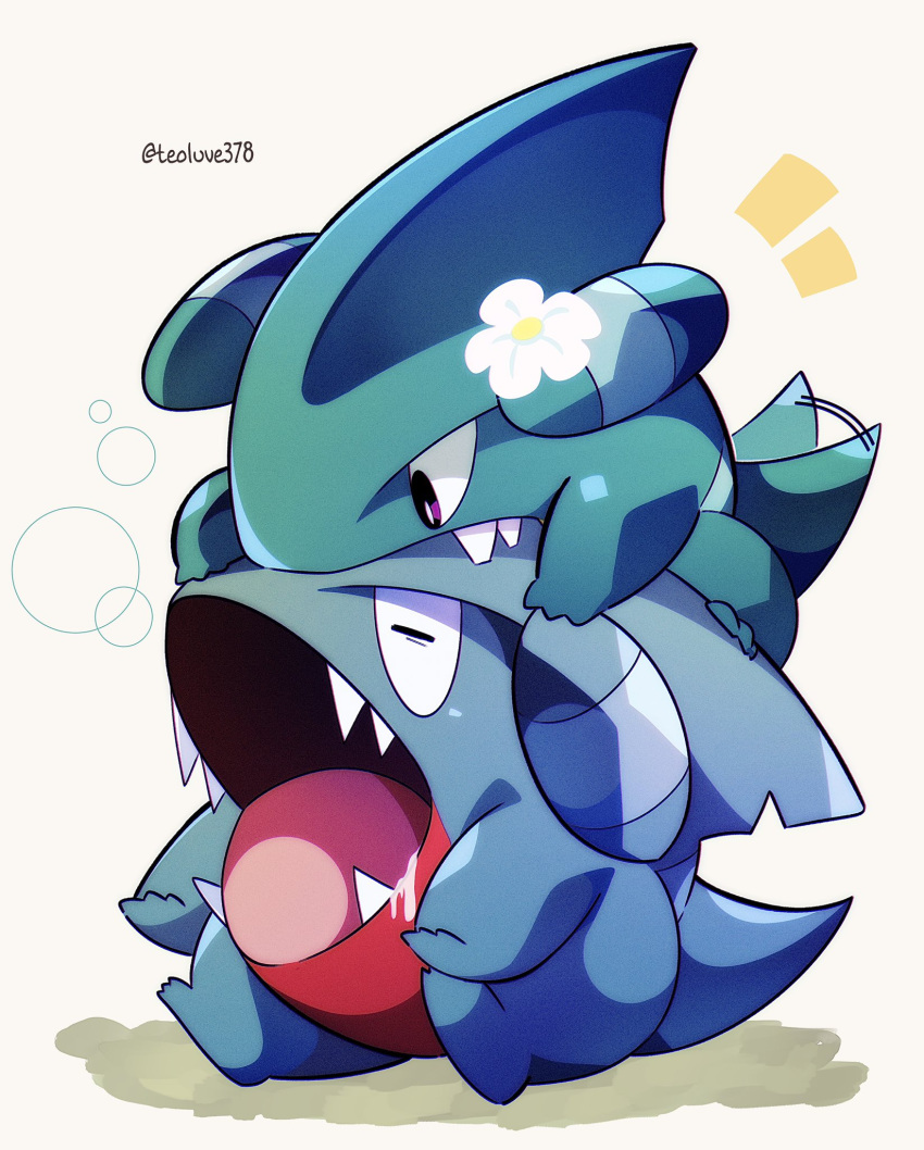 bubble drooling flower gen_4_pokemon gible highres jacknaiff no_humans open_mouth pokemon pokemon_(creature) saliva sharp_teeth sitting tail tail_wagging teeth tongue white_flower