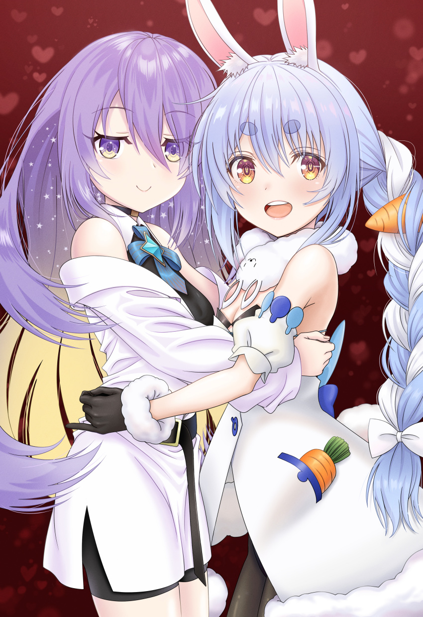 2girls absurdres bare_shoulders blue_hair bow cowboy_shot heart heart_background highres hololive hololive_indonesia hug huge_filesize light_blush long_hair looking_at_viewer moona_hoshinova multiple_girls ogamo_tou purple_hair red_bow smile usada_pekora virtual_youtuber white_hair