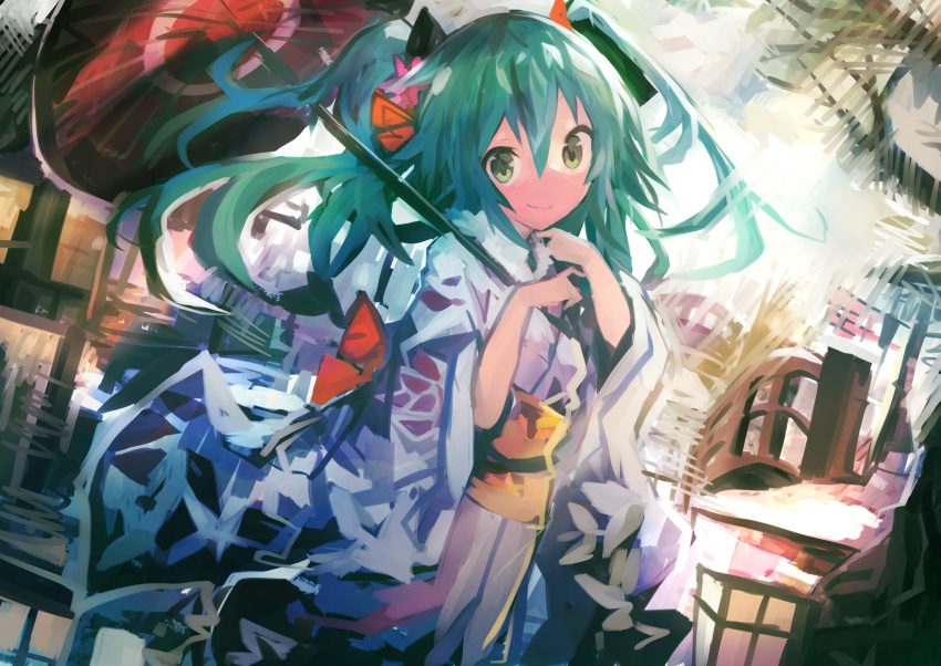 1girl absurdres aqua_hair architecture bangs cowboy_shot dutch_angle east_asian_architecture flower furisode green_eyes hair_between_eyes hair_flower hair_ornament hand_up hatsune_miku highres japanese_clothes kaamin_(mariarose753) kimono long_hair looking_at_viewer obi oil-paper_umbrella sash sketch smile solo twintails umbrella vocaloid wide_sleeves